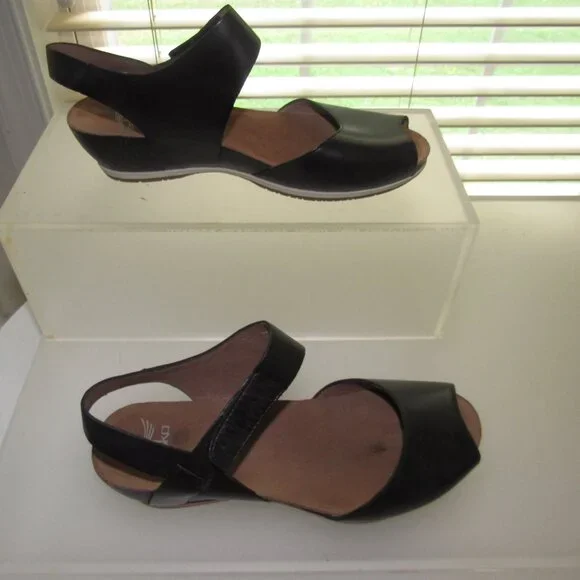 Dansko Vera Black Leather Peep-Toe Slingback Wedge Sandals Size 36 (US 5.5 - 6) - Picture 7 of 10
